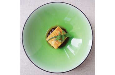 Fried Tofu on Quinoa with Black Garlic and Dashi