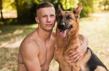 Shirtless Man and Dog